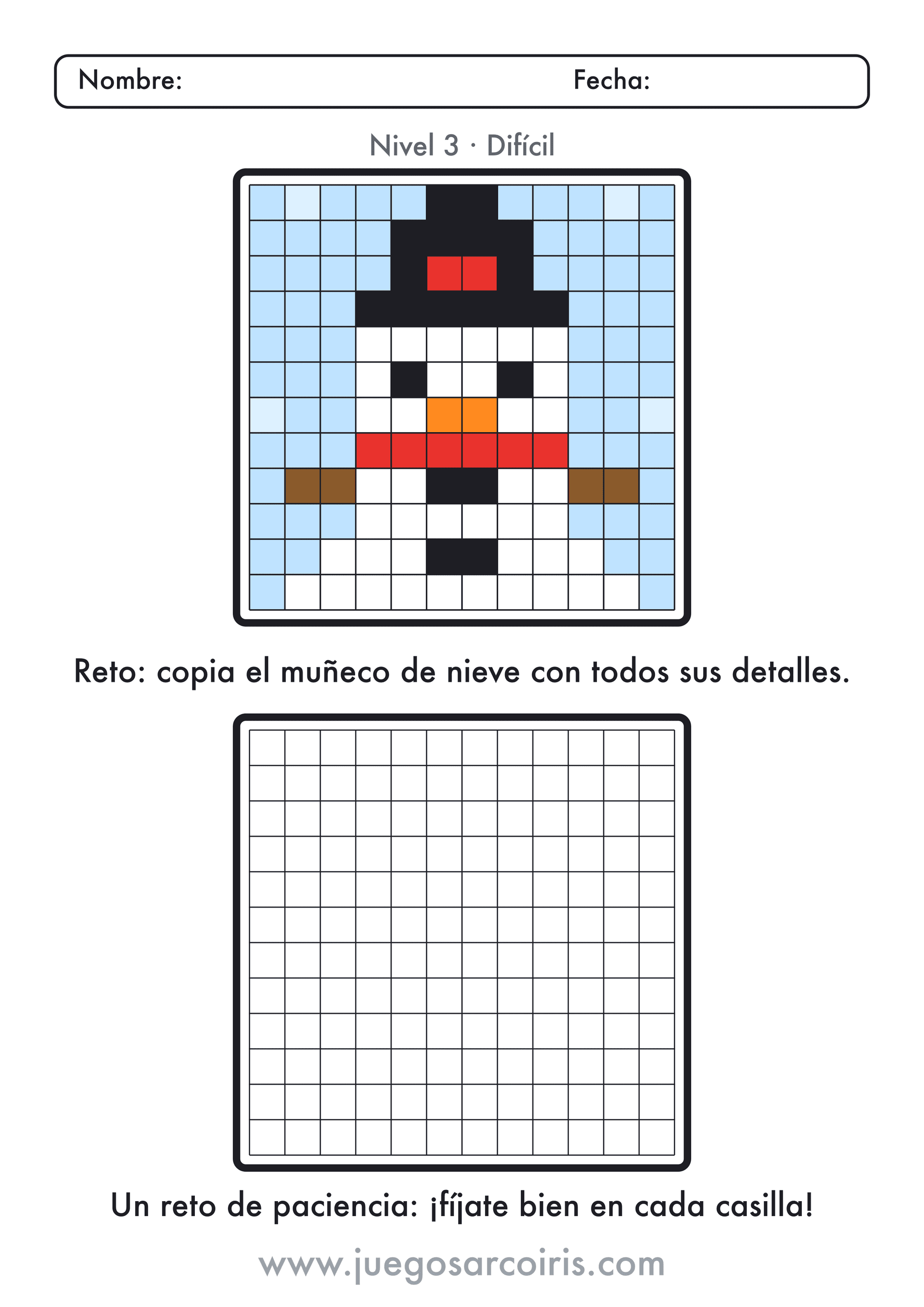 Dibujo en Cuadrícula de un Muñeco de Nieve (Difícil) para Imprimir